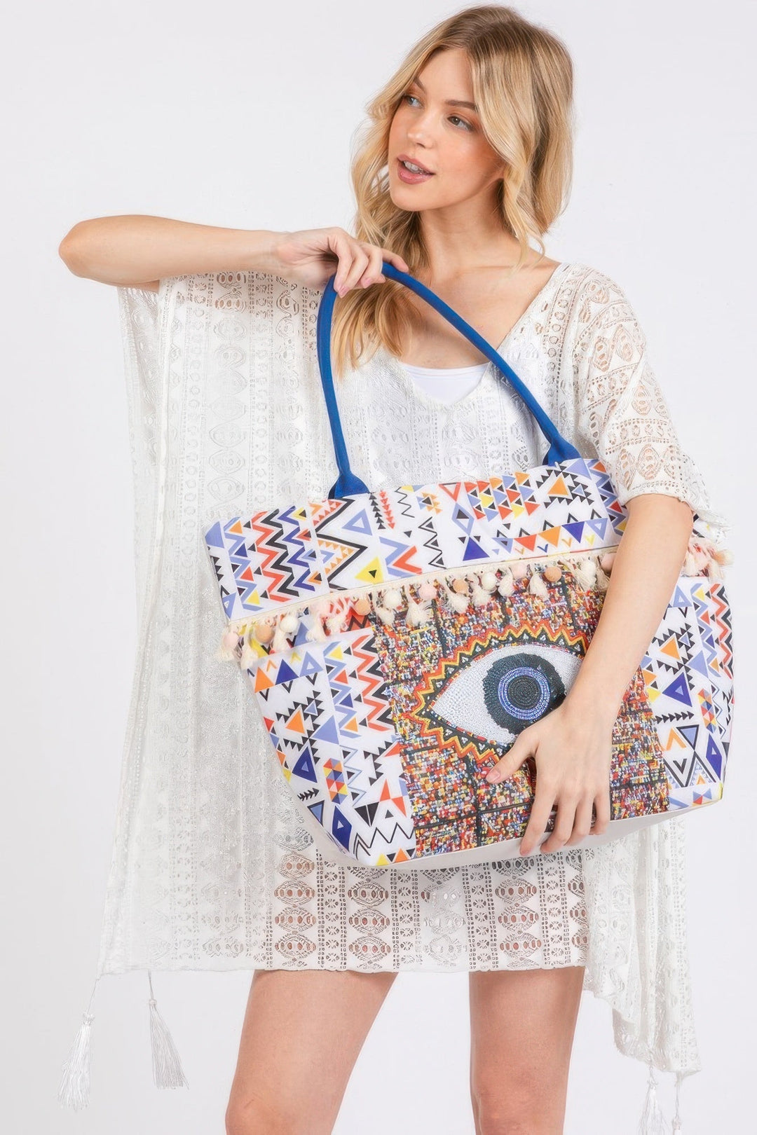 FASHNZFAB |   
Evil Eye Boho Print Pom Pom Fringe Tote Bag | Bolsa de mano grande
