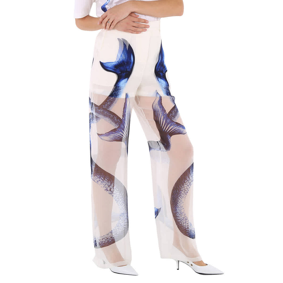 𝐁𝐔𝐑𝐁𝐄𝐑𝐑𝐘 ☑️                         Pantalones de seda morera con estampado de cola de sirena para mujer