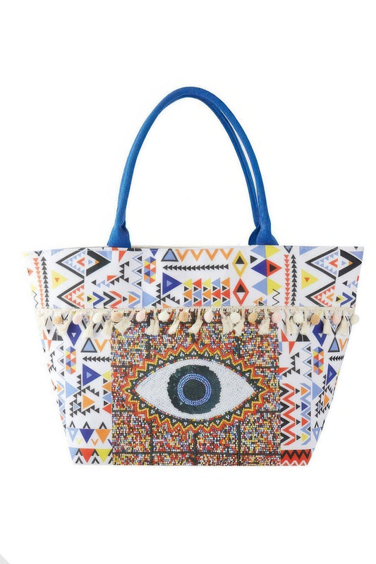 FASHNZFAB |   
Evil Eye Boho Print Pom Pom Fringe Tote Bag | Bolsa de mano grande