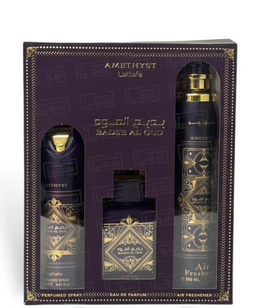 𝐋𝐀𝐓𝐓𝐀𝐅𝐀                               Bade'e Al Oud Amethyst Set 100ml Eau De Perfume Spray 150ml Desodorante Spray   300ml Ambientador                   PRF23