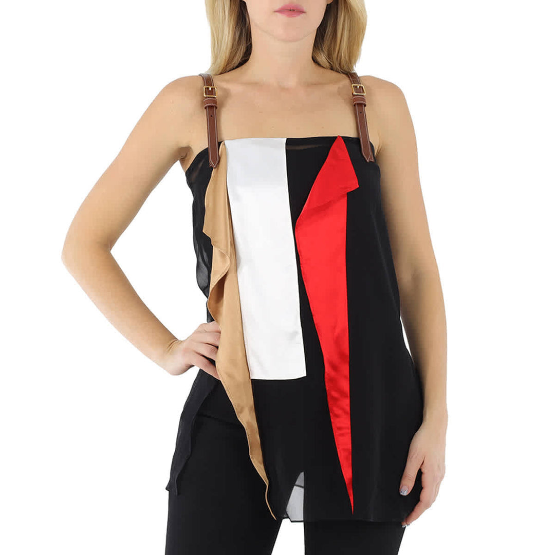 𝐁𝐔𝐑𝐁𝐄𝐑𝐑𝐘 ☑️ Top de seda con detalle de cuero negro con bloques de color