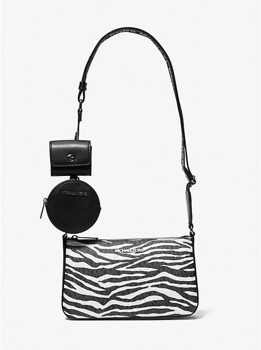 𝐌𝐈𝐂𝐇𝐀𝐄𝐋 𝐊𝐎𝐑𝐒                          Bolso bandolera mediano Jet Set de piel con estampado animal y logotipo, con estuche                          MK0015