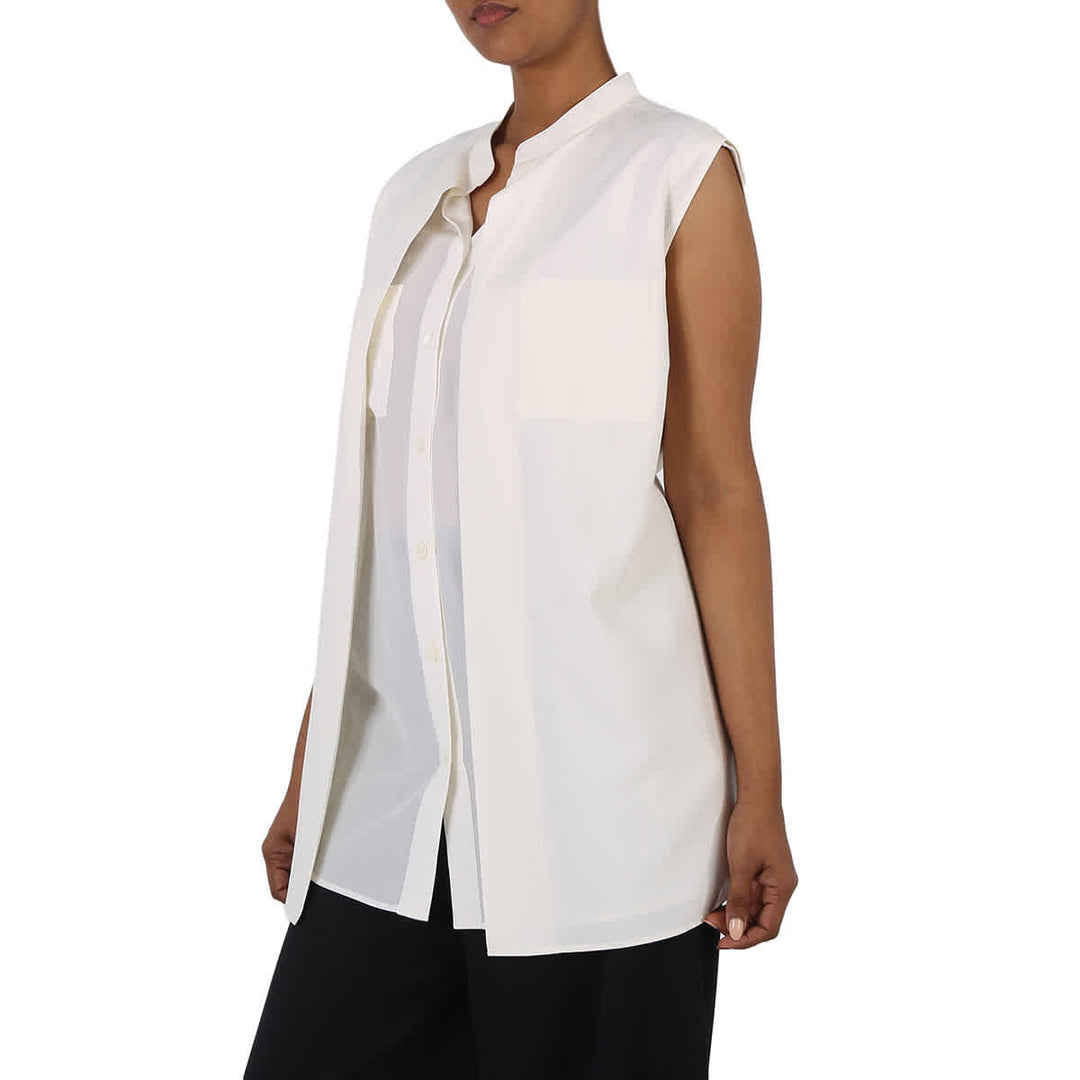 šššššššš āļø                 Camisa de seda sin mangas con detalle de logotipo de crepĆ© de China de Suzie's en blanco neutro