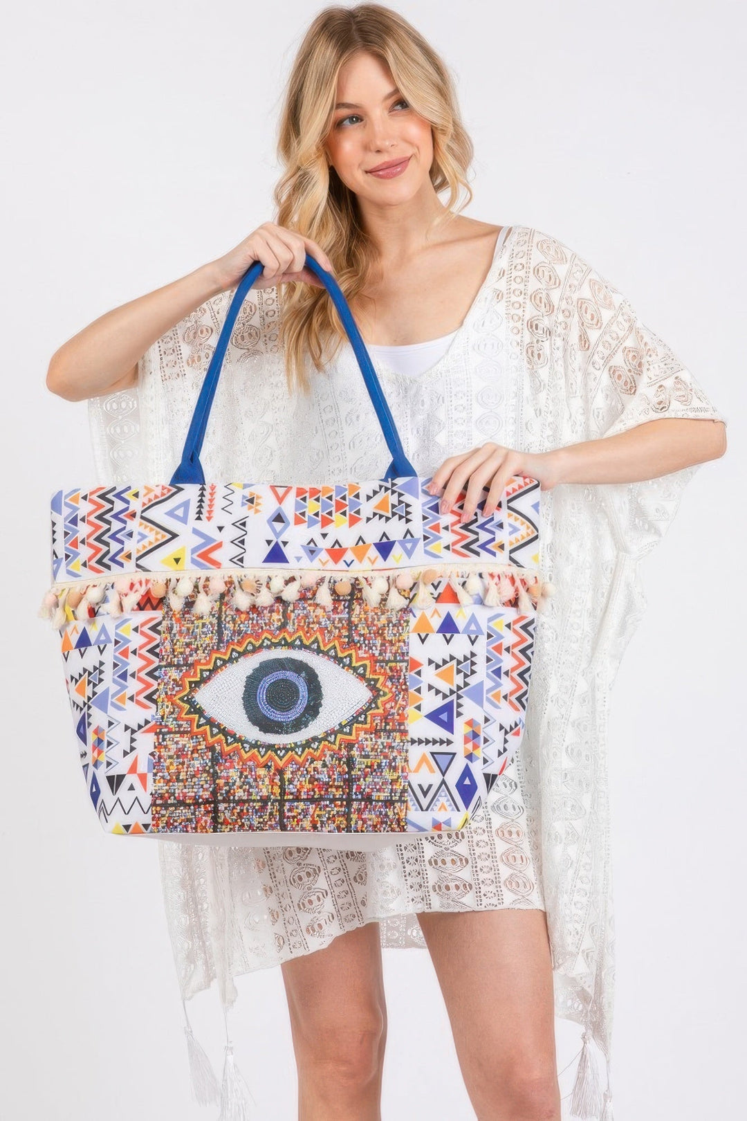 FASHNZFAB |   
Evil Eye Boho Print Pom Pom Fringe Tote Bag | Bolsa de mano grande