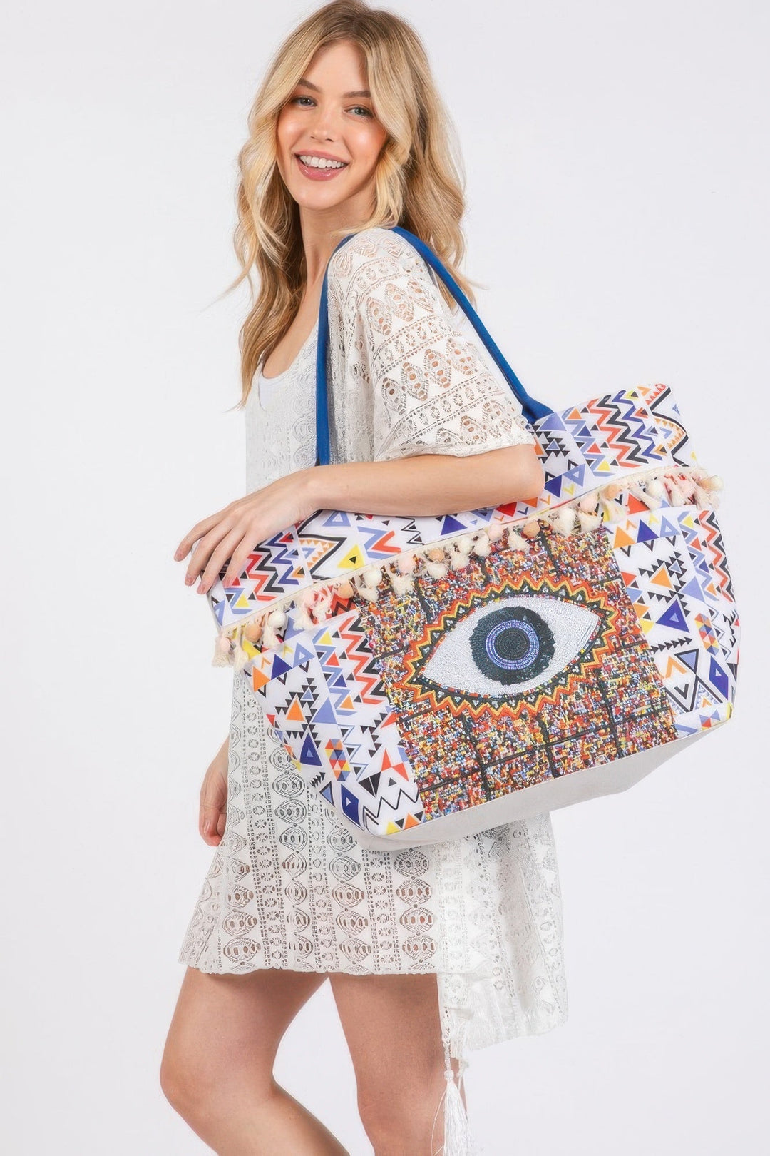 FASHNZFAB |   
Evil Eye Boho Print Pom Pom Fringe Tote Bag | Bolsa de mano grande