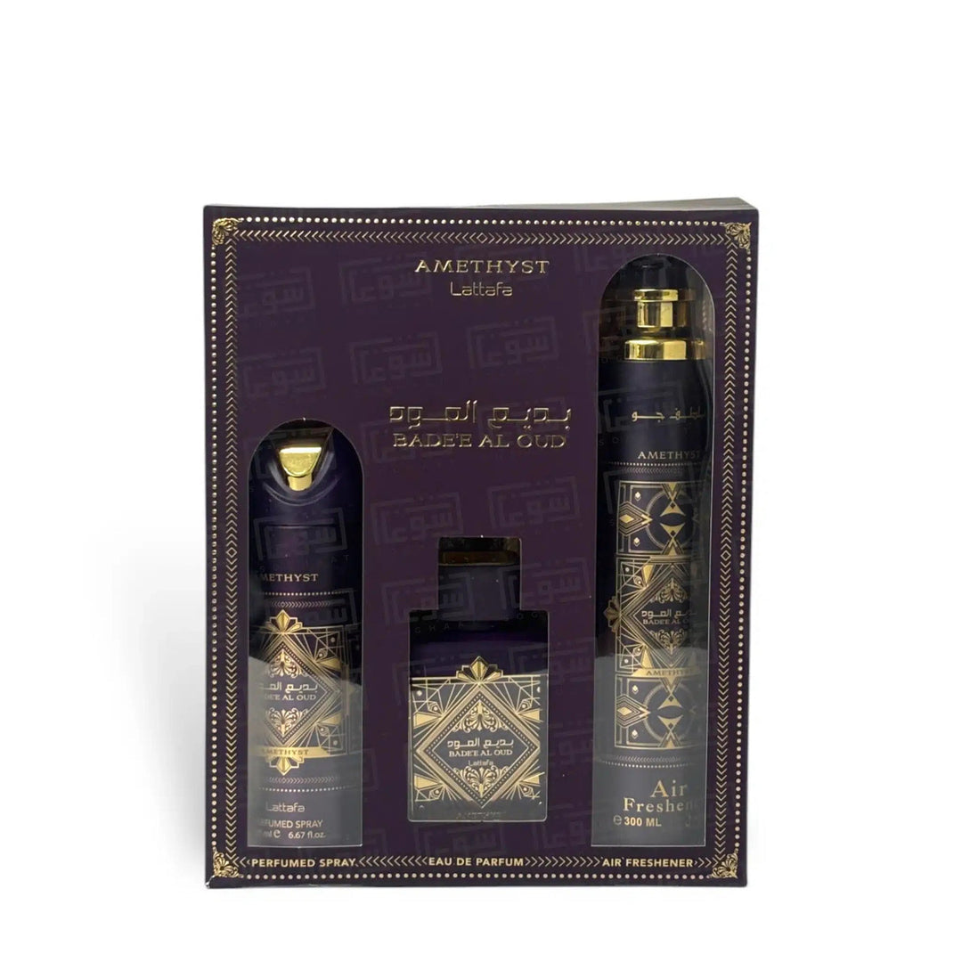LATTAFA | Bade'e Al Oud Amethyst - Set De 3 Piezas: 100ml Eau De Parfum Spray + 200ml Desodorante Spray + Ambientador De 283 Ml