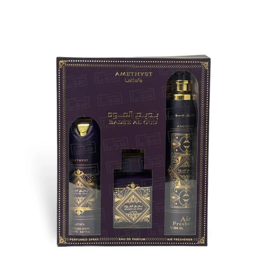 LATTAFA | Bade'e Al Oud Amethyst - Set De 3 Piezas: 100ml Eau De Parfum Spray + 200ml Desodorante Spray + Ambientador De 283 Ml