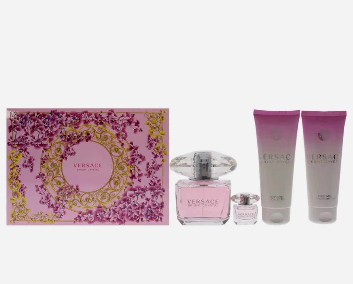 𝐕𝐄𝐑𝐒𝐀𝐂𝐄                              Bright Crystal By For Women - Set de regalo de 4 piezas Edt Spray de 3 oz, loción corporal perfumada de 3,4 oz, gel de baño y ducha perfumado de 3,4 oz, 5 ml Edt Splash Mini          PRF5