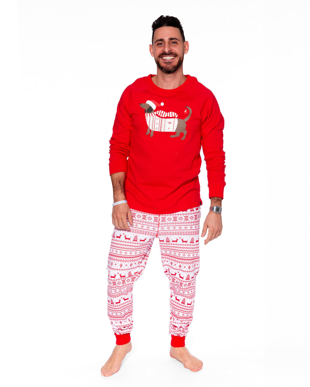 𝐃𝐄𝐔𝐗 𝐏𝐀𝐑 𝐃𝐄𝐔𝐗    Conjunto de pijama de dos piezas de algodón orgánico para hombre adulto, color rojo y blanco, con estampado de grecas NAV23