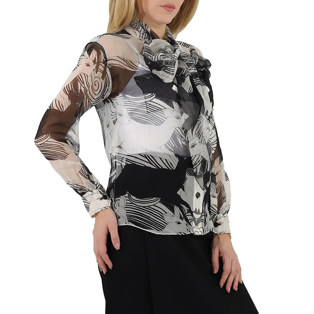 𝐁𝐔𝐑𝐁𝐄𝐑𝐑𝐘 ☑️                    Blusa de gasa de seda con lazo en el cuello y estampado de ciervos monocromáticos para mujer