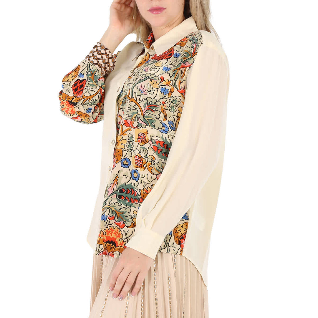 𝐁𝐔𝐑𝐁𝐄𝐑𝐑𝐘 ☑️             Camisa extragrande de seda con paneles y estampado floral Juliette de vainilla para mujer