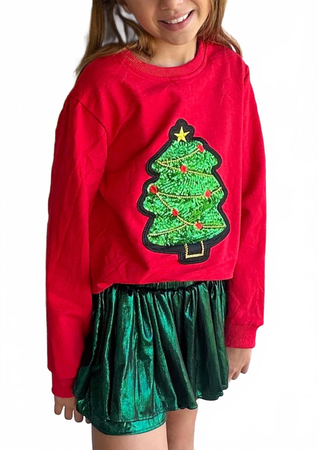 𝐓𝐖𝐄𝐄𝐍𝐒𝐓𝐘𝐋𝐄        Sudadera roja con árbol de Navidad y lentejuelas para niña                               NAV17