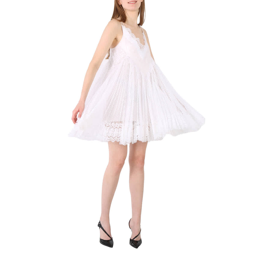 𝐁𝐔𝐑𝐁𝐄𝐑𝐑𝐘 ☑️                 Vestido plisado de encaje y rejilla blanco óptico para mujer con combinación de seda