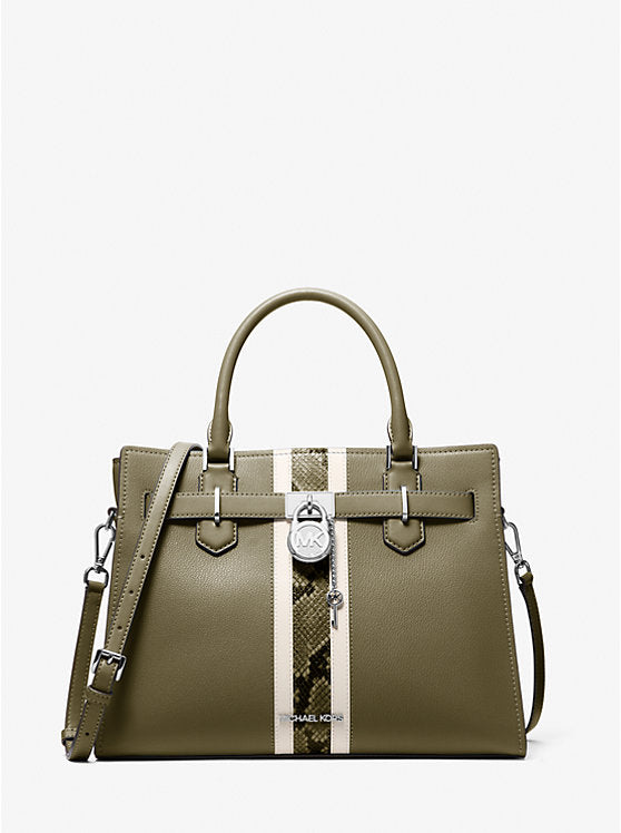 𝐌𝐈𝐂𝐇𝐀𝐄𝐋 𝐊𝐎𝐑𝐒     Bolso satchel mediano de piel y rayas con relieve de serpiente de Hamilton MK0079