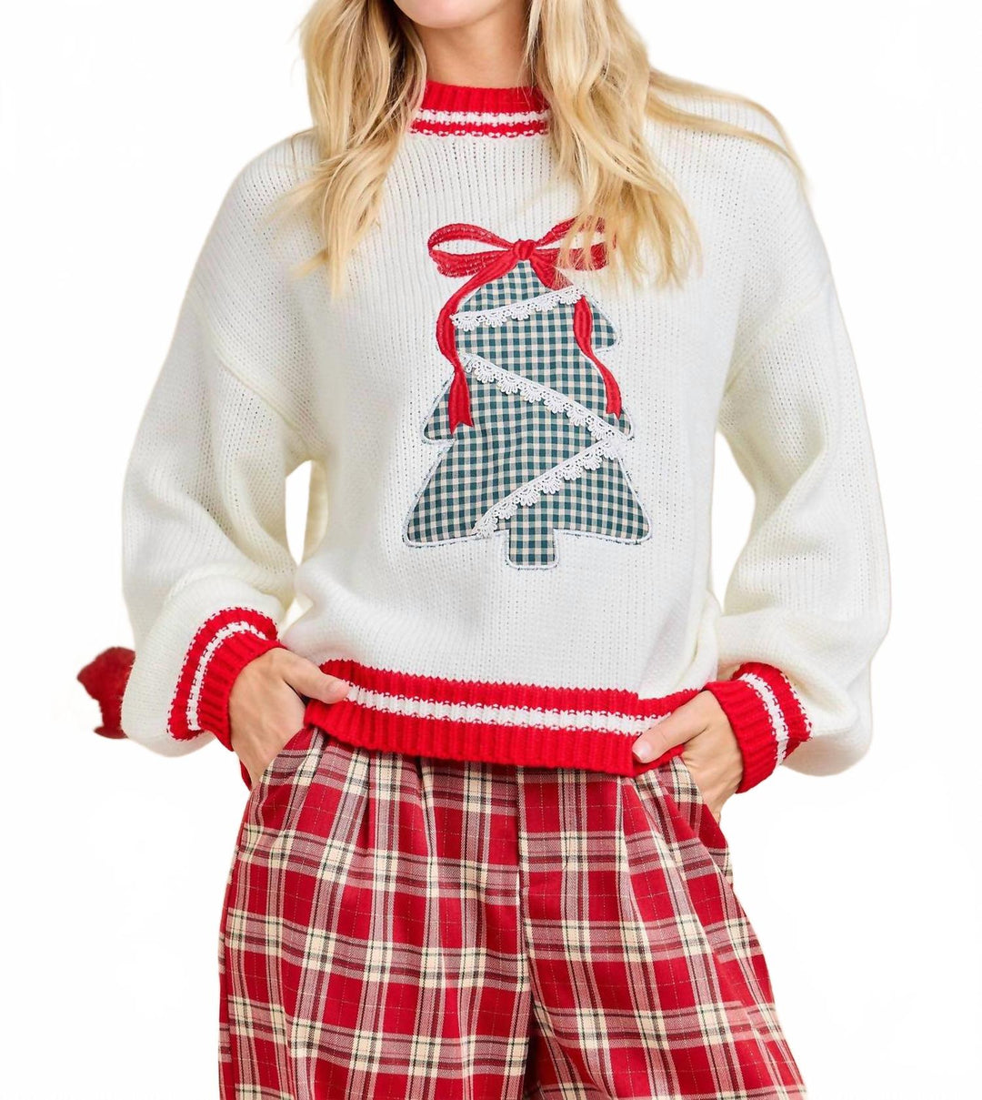 𝐌𝐀𝐈𝐍 𝐒𝐓𝐑𝐈𝐏                Suéter navideño de árbol de cuadros en blanco       NAV16