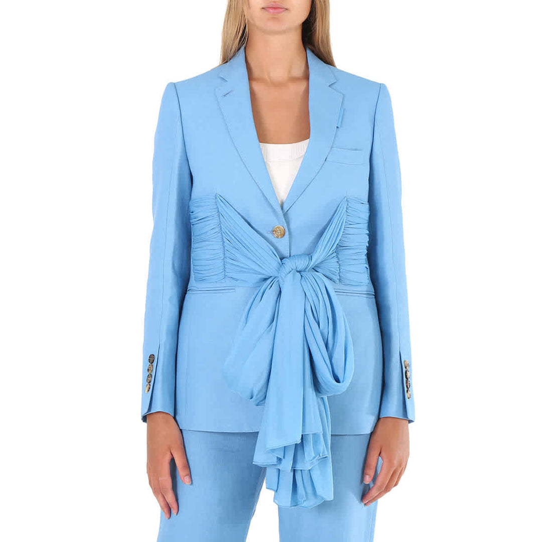 𝐁𝐔𝐑𝐁𝐄𝐑𝐑𝐘 ☑️           Chaqueta a medida de lana y ramio con detalle de fajín de jersey topacio azul para mujer